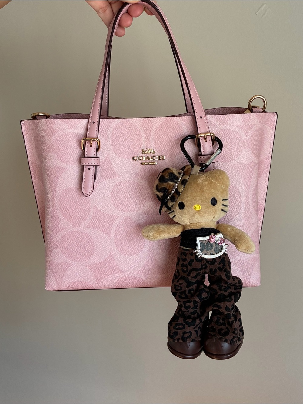 Hello Kitty Brown Leopard Plush Keychain with Black Top and Brown Shoes